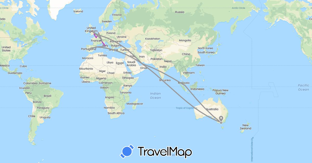 TravelMap itinerary: driving, plane, train in United Arab Emirates, Australia, Belgium, Switzerland, Spain, France, United Kingdom, Italy, Netherlands, Singapore (Asia, Europe, Oceania)